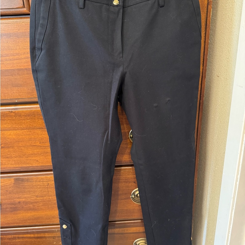 Black Carlisle ankle pants with gold accents size 10